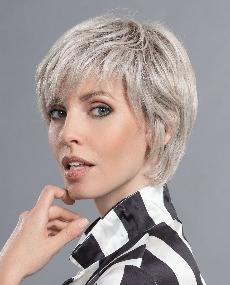 IMPULSE by ELLEN WILLE in PEARL BLONDE ROOTED 101.14.16 | Pearl Platinum, Medium Ash Blonde and Medium Blonde Blend with Shaded Roots *Image has been styled with a flat iron*